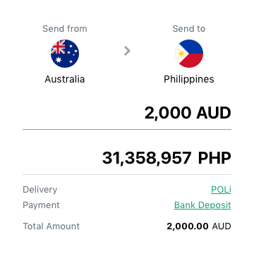 Step 2 screen for selecting sending and receiving countries and entering the remittance amount